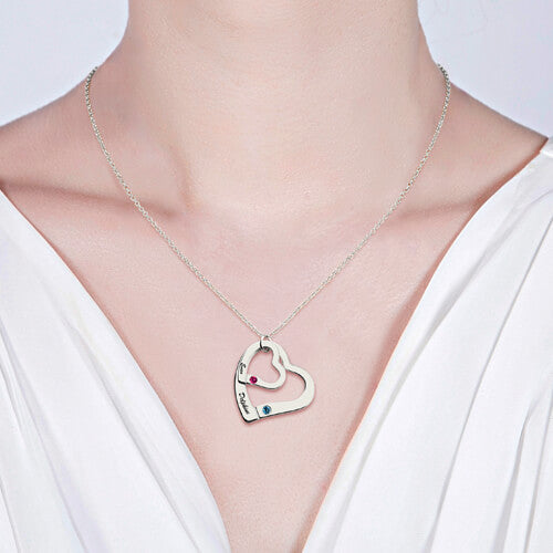 2 Open Hearts Necklace With 2 Names & Birthstones Sterling Silver