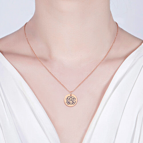 Engraved Disc Monogram Necklace In Rose Gold