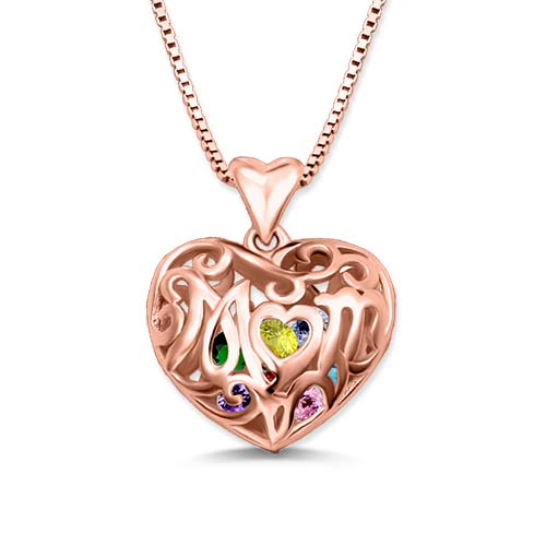 Custom Mom Heart Cage Birthstone Necklace In Rose Gold