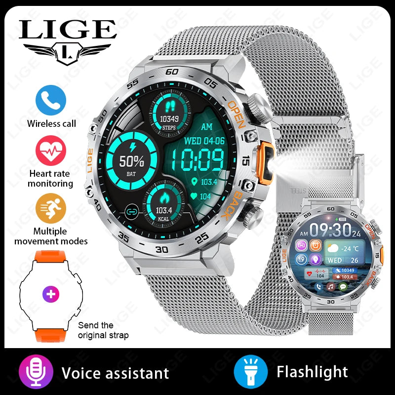 LIGE Smart Watch Men 360*360 AMOLED HD Screen Waterproof Sport Fitness Watches Flashlight New Men Smartwatch For Andrio IOS 2026