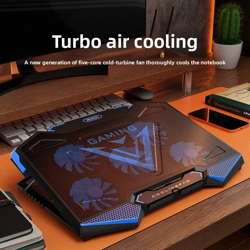 17-inch gaming laptop cooler with 5 fans, 2 USB ports, folding storage stand, laptop cooling pad, laptop stand