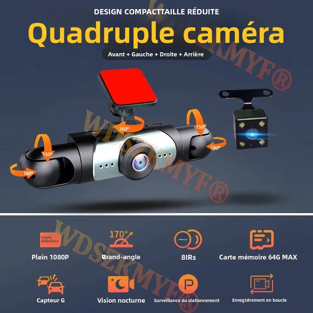4 Lens Dashcam 360° Rotatable 1080P Video Recorder for Car DVR 3LEN ，Dvr car Night Vision Car Recording Camera Car Assecoriesda