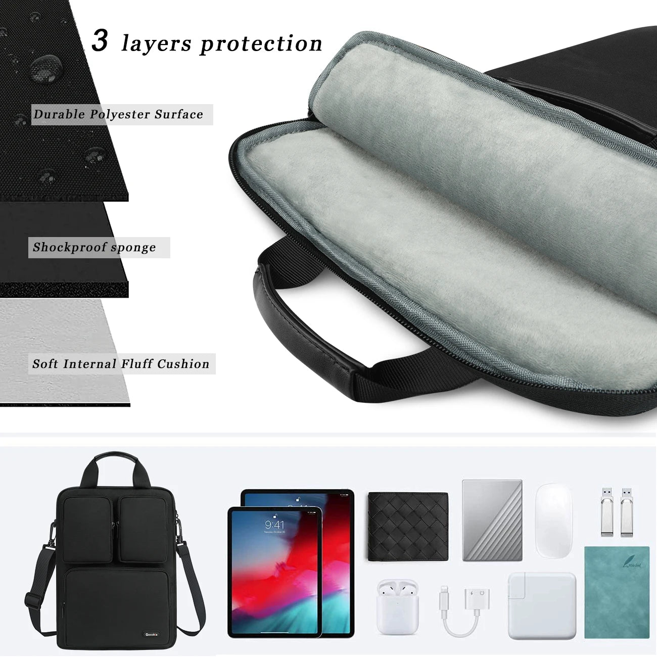 13.3-inch vertical black laptop bag with multiple pockets, suitable for organizing documents, tablet computer, inner bag, handba