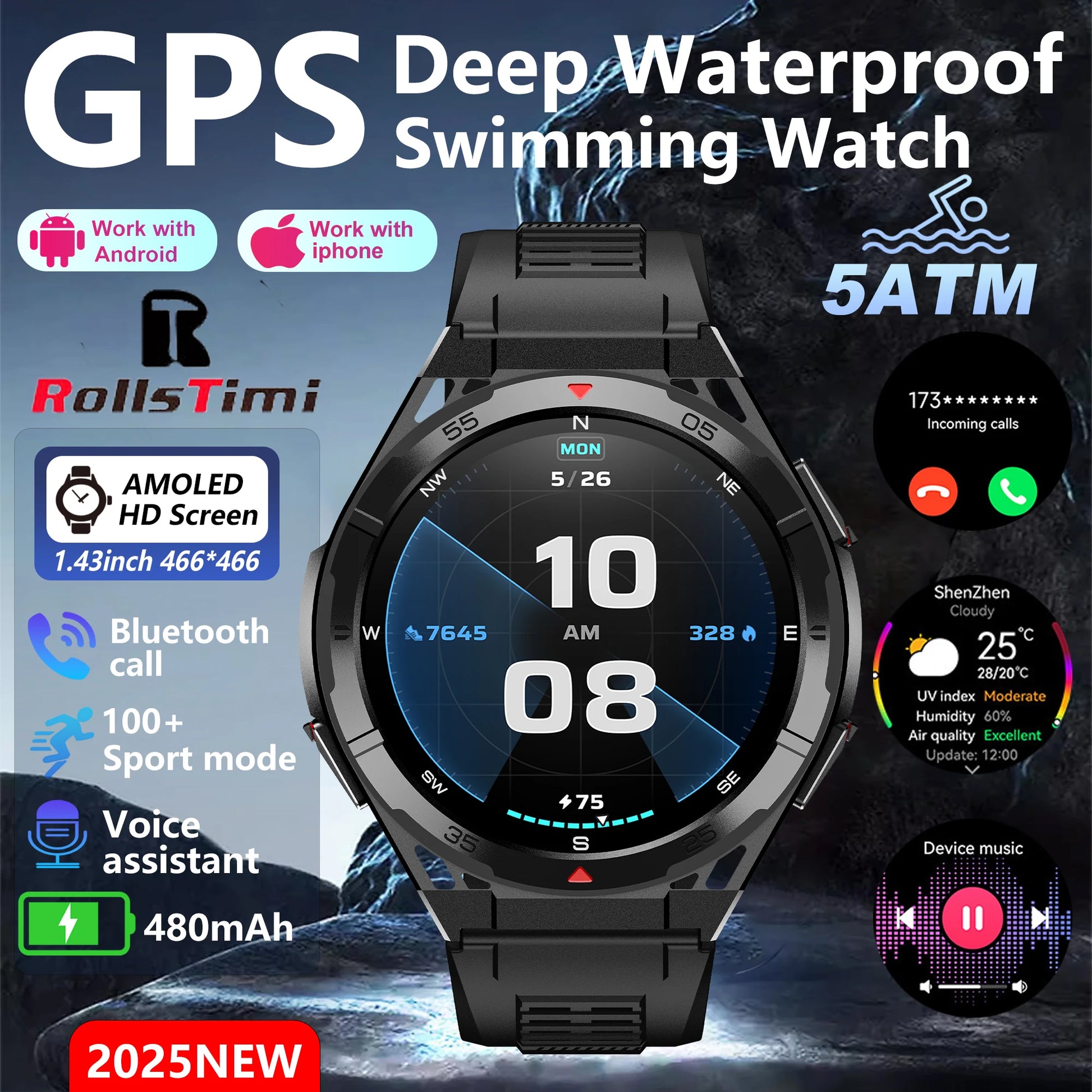 Smart Watches for iOS and Android Supports Bluetooth Calls GPS Positioning All-day Heart Rate Monitoring 100 + Sports Modes