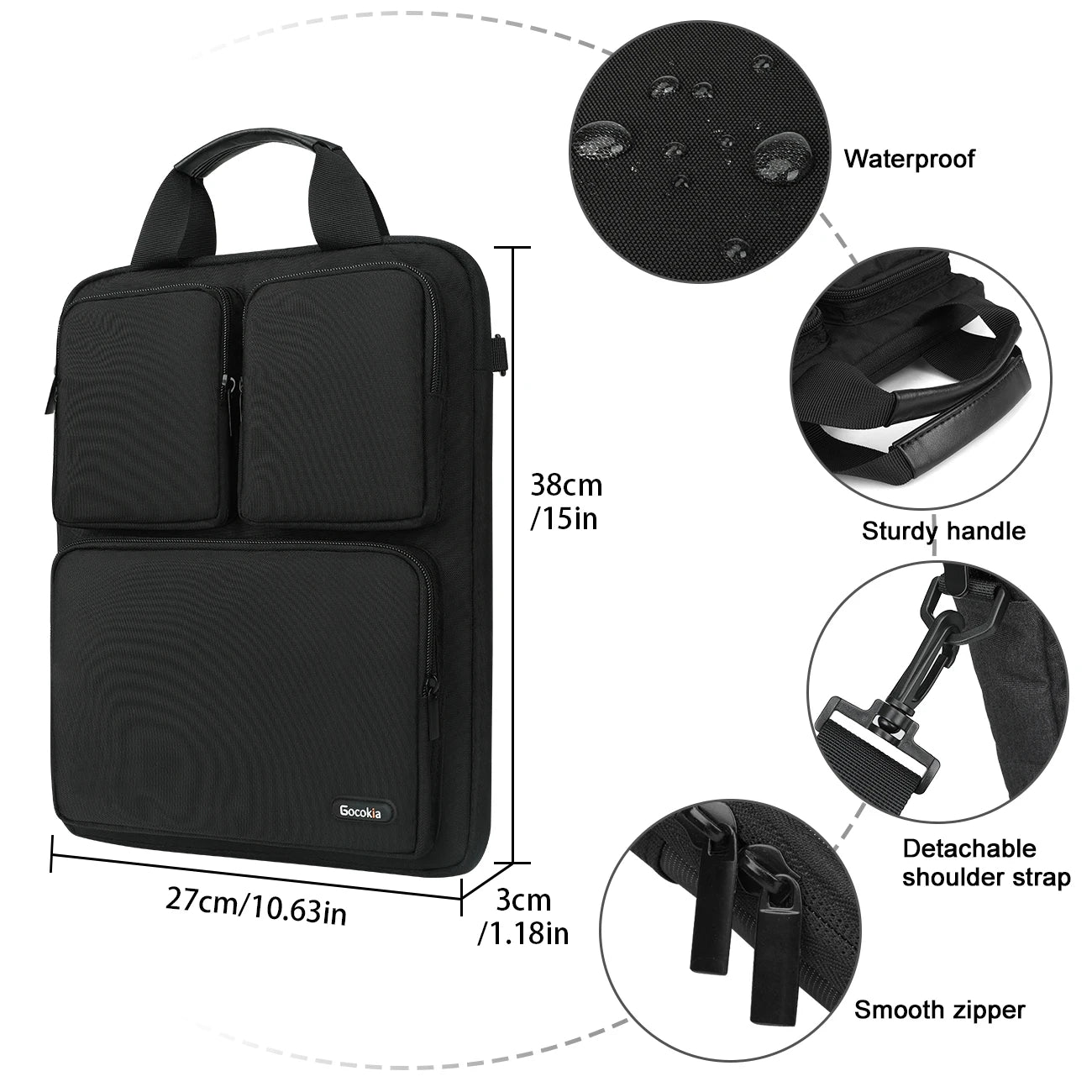 13.3-inch vertical black laptop bag with multiple pockets, suitable for organizing documents, tablet computer, inner bag, handba
