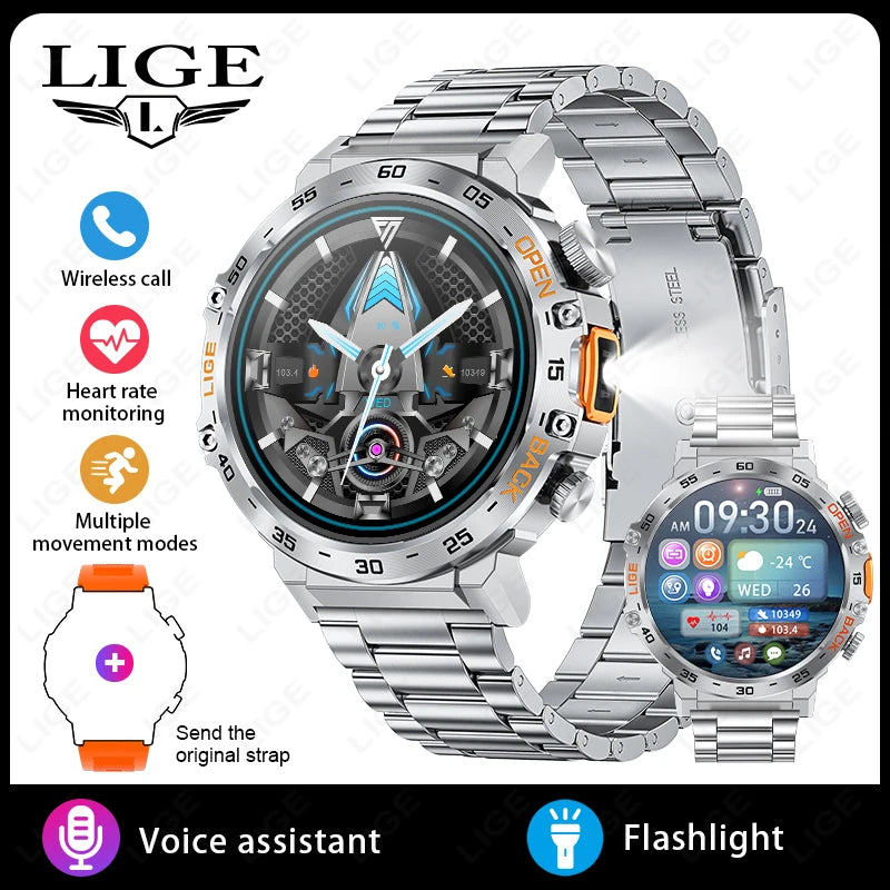 LIGE Smart Watch Men 360*360 AMOLED HD Screen Waterproof Sport Fitness Watches Flashlight New Men Smartwatch For Andrio IOS 2026