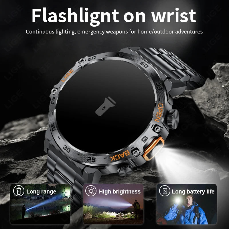 LIGE Smart Watch Men 360*360 AMOLED HD Screen Waterproof Sport Fitness Watches Flashlight New Men Smartwatch For Andrio IOS 2026